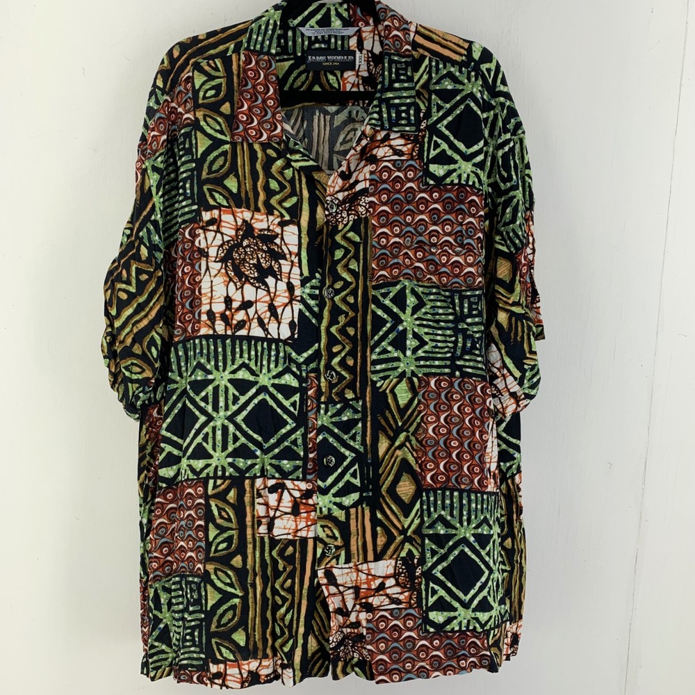 Vtg Jams World Shirt Mens XXL Sea Turtle Patchwork Tribal Batik Rayon Hawaiian